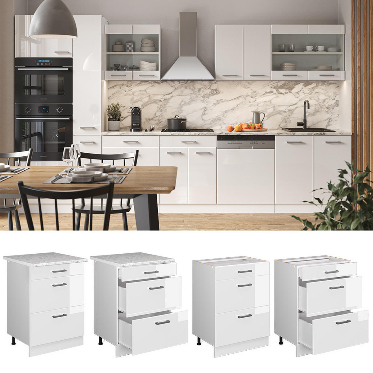 KÜCHENUNTERSCHRANK R-Line Weiß Hochglanz 60 cm mit Schubladen, ohne AP - Weiß Hochglanz/Weiß, Holzwerkstoff (60/81.6/46cm) - Vicco