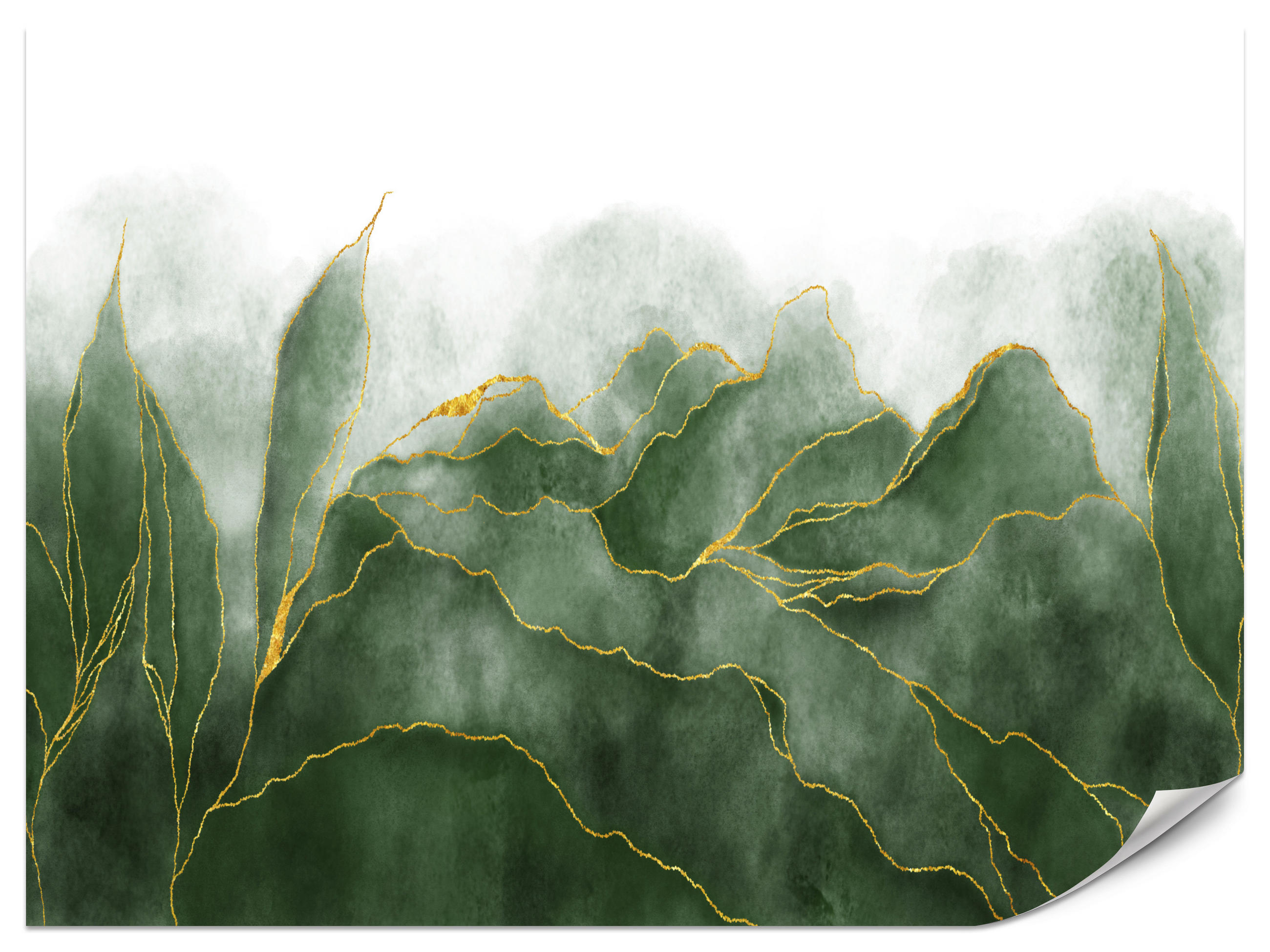 FOTOTAPETE für Schlafzimmer Abstrakte Grüne Aqwarell Blätter Glamour 250x175 - Gelb/Grau, Papier (250/175cm) - Muralo