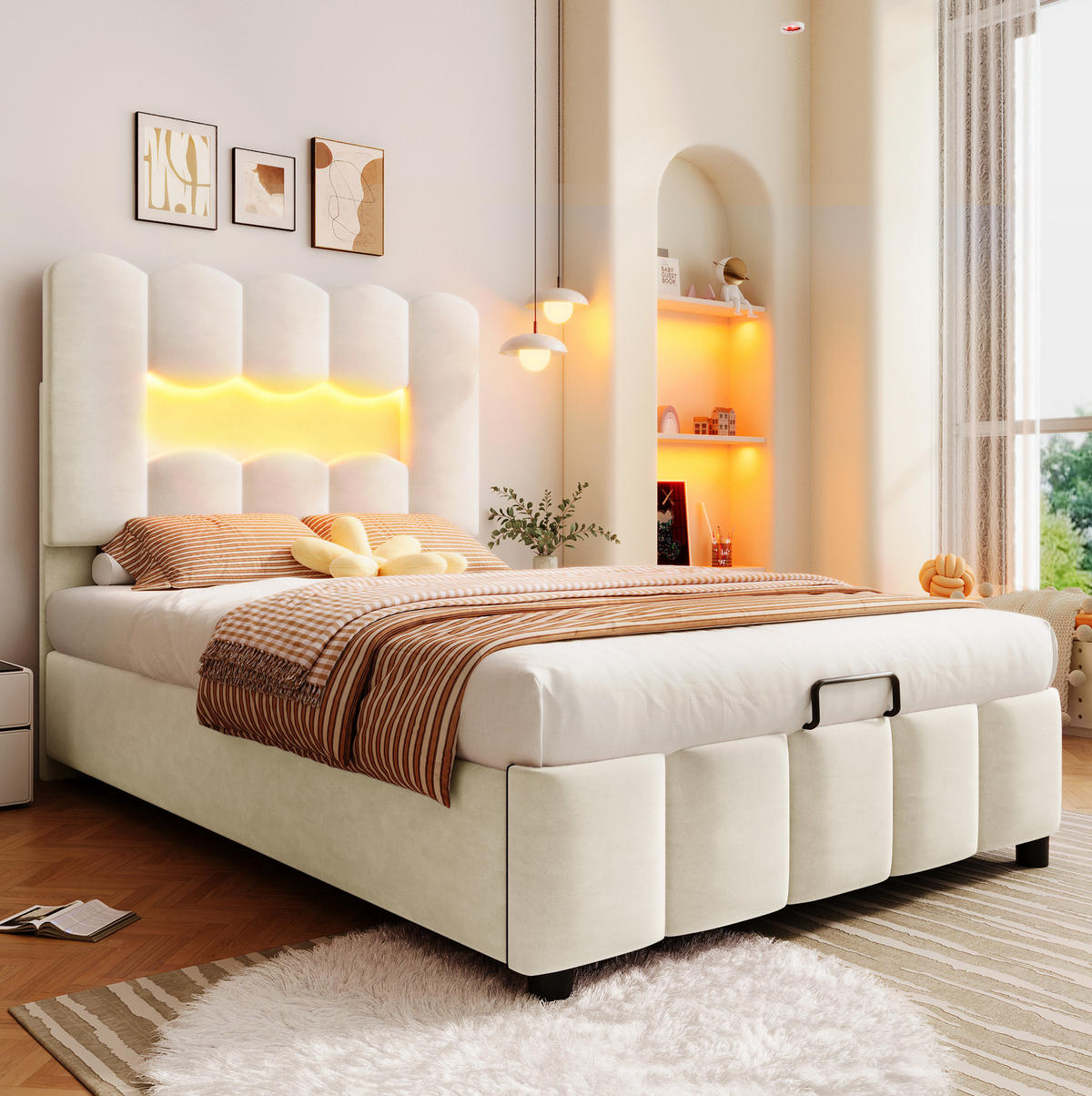 POLSTERBETT mit Stauraum und LED 90x200 cm Velours Beige - Beige, Metall (90/200cm) - Meubliv
