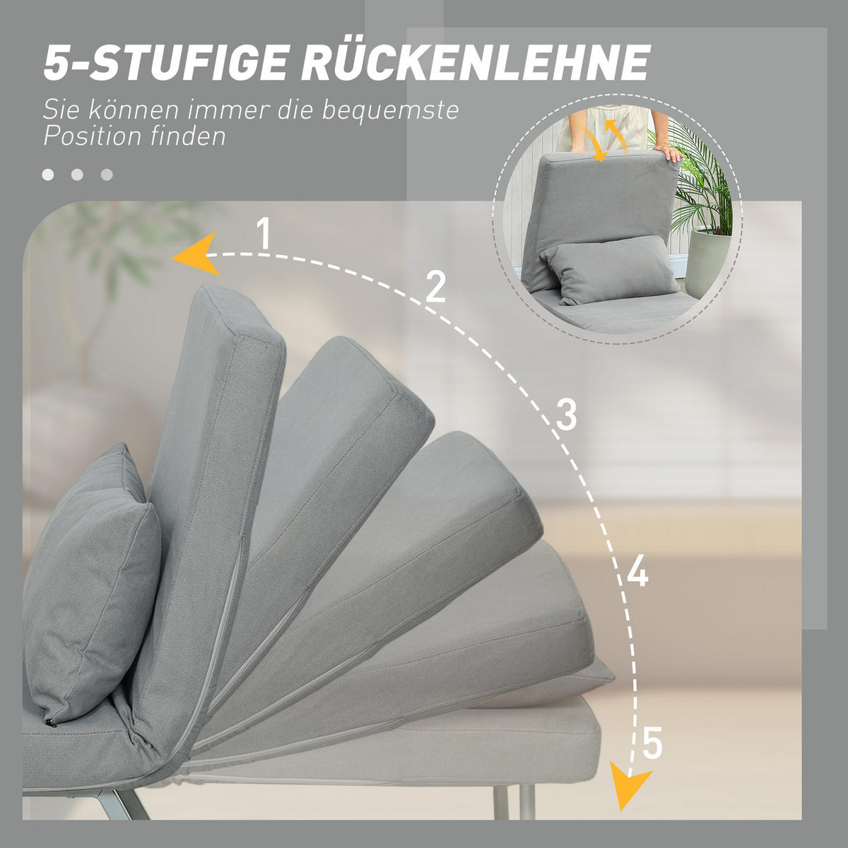 SCHLAFSESSEL 3-in-1 Sessel Bett-Funktion und Zierkissen, Hellgrau - Hellgrau/Grau, Textil/Metall (73/81/78cm) - HOMCOM