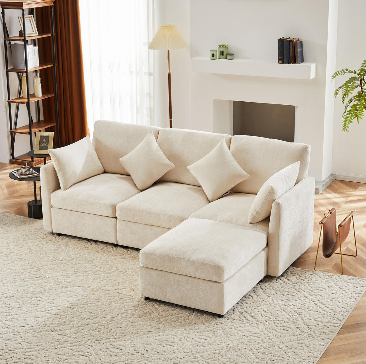 ECKSOFA Chenille mit Hocker 216/161/81 cm Beige inklusive 4 Kissen - Beige, Textil (161/216cm) - Redom