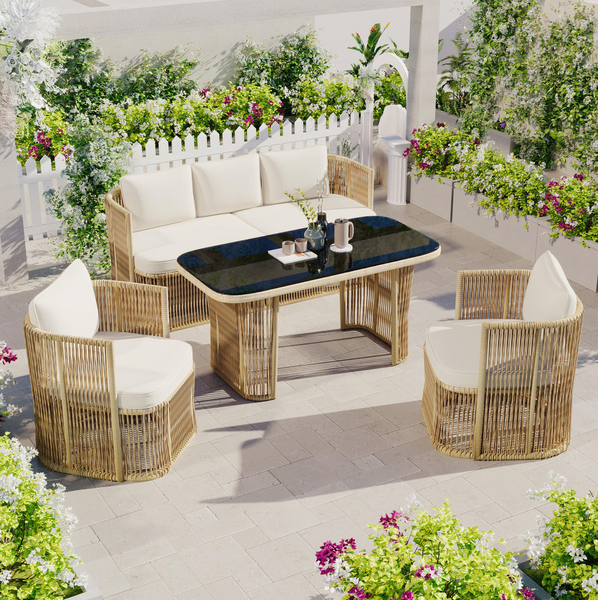 GARTENMÖBEL-SET 172,5/69/75 cm mit 3-Sitzer-Sofa, 2 Sesseln und Glastisch aus PE-Rattan, Beige/Schwarz/Weiß - Beige, Metall - Redom