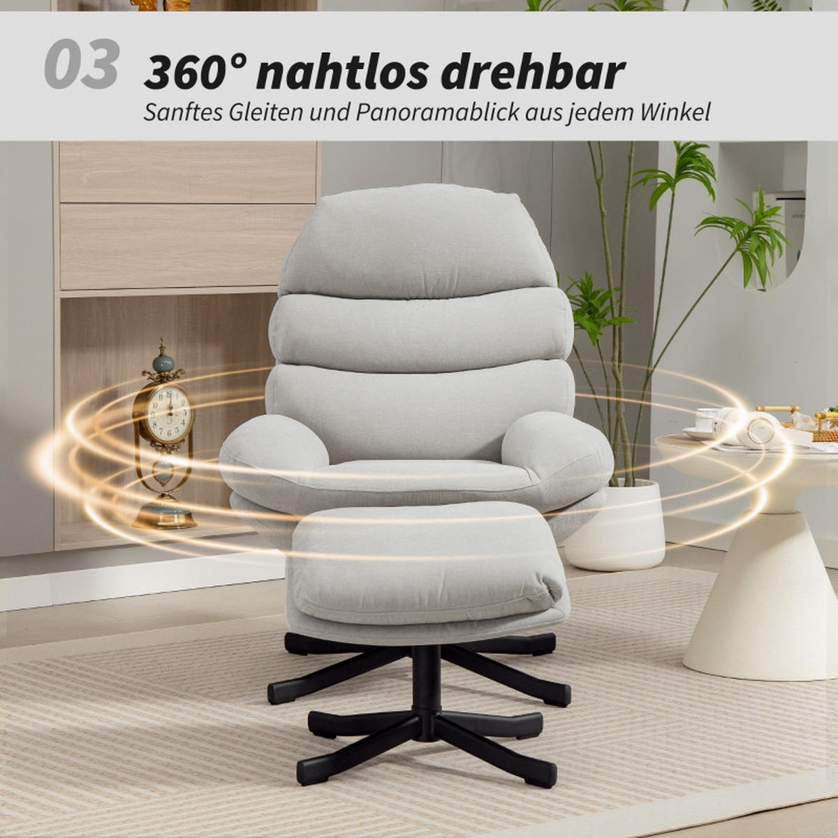 RELAXSESSEL mit Hocker Chenille-Stoff 360° drehbar 78/93/100 cm Cremeweiß - Creme, Textil (78/100/93cm) - Redom