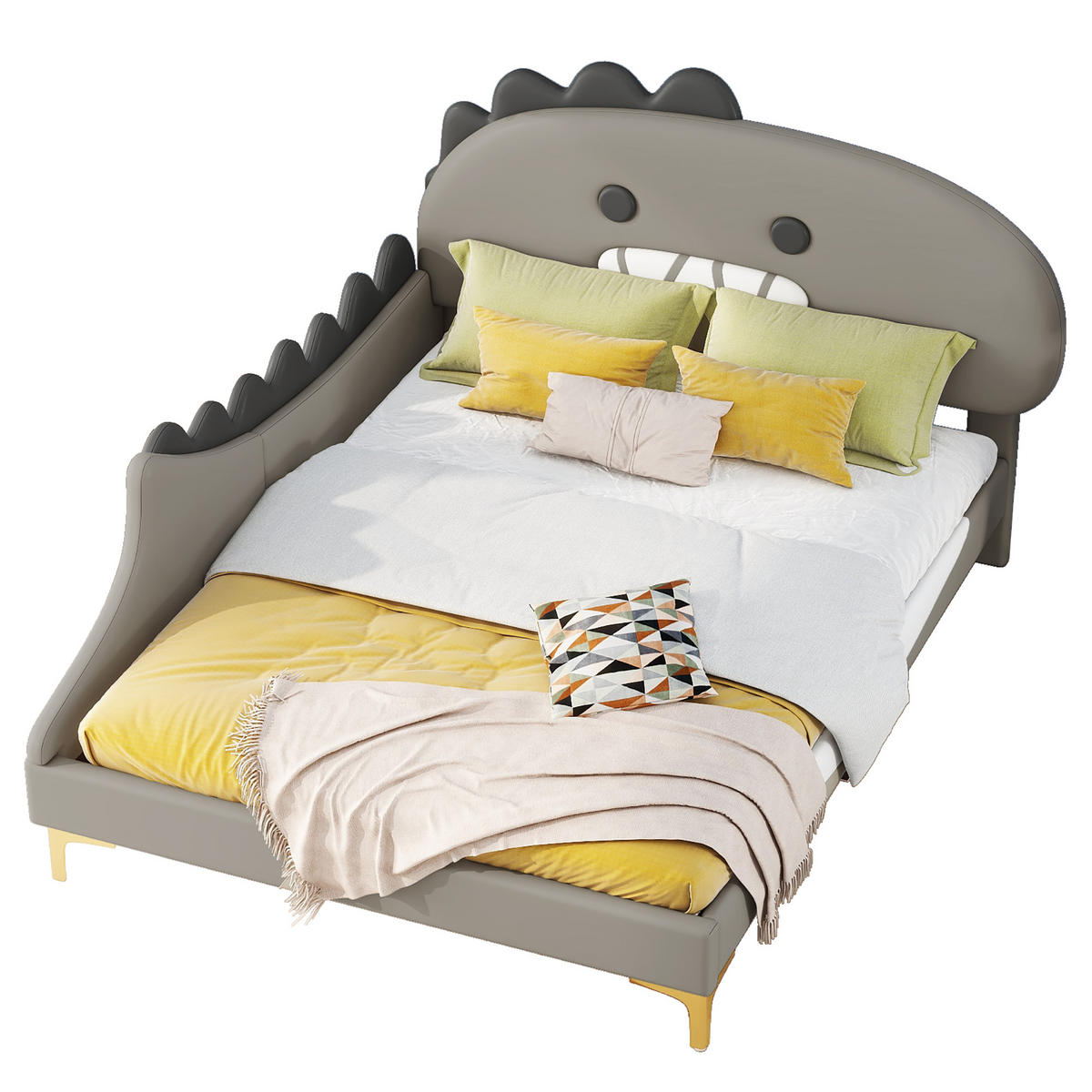 KINDERBETT 140x200cm Grau Cartoon Dinosaurier Form PU - Grau, Holz (140/200cm) - FLIEKS