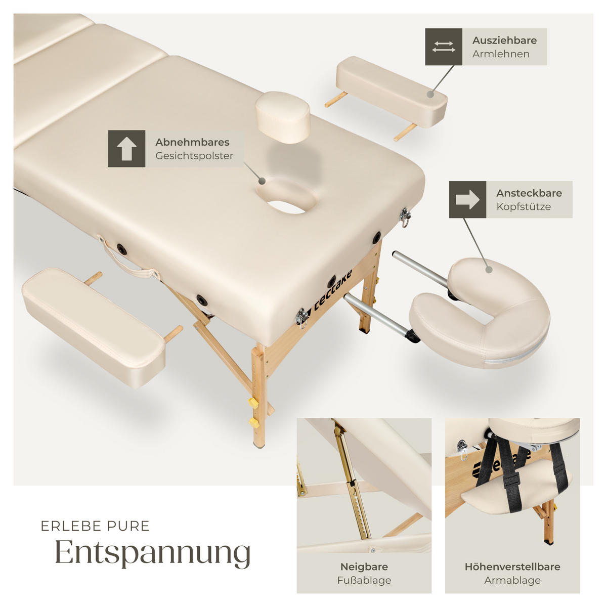 MASSAGELIEGE 3 Zonen, 218 x 102 x 90 cm,beige - Beige, Holz (102/90/218cm) - tectake