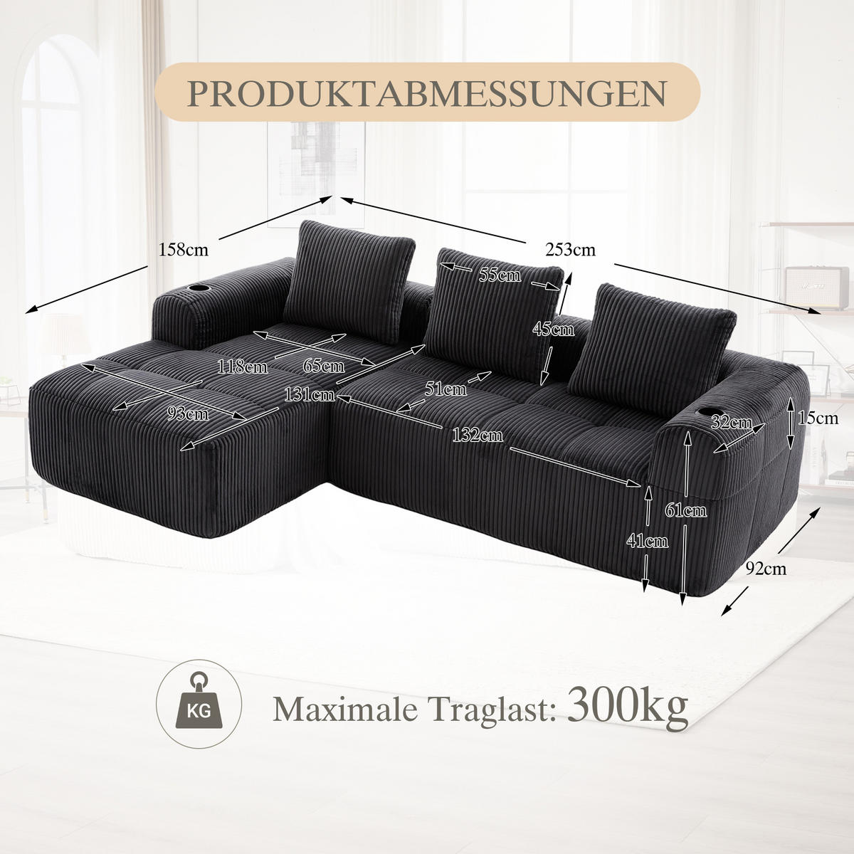 KOMPAKTSOFA Cord mit Modulsystem und Becherhalter 253/158/61 cm Dunkelgrau - Dunkelgrau, Textil (158/253cm) - Redom