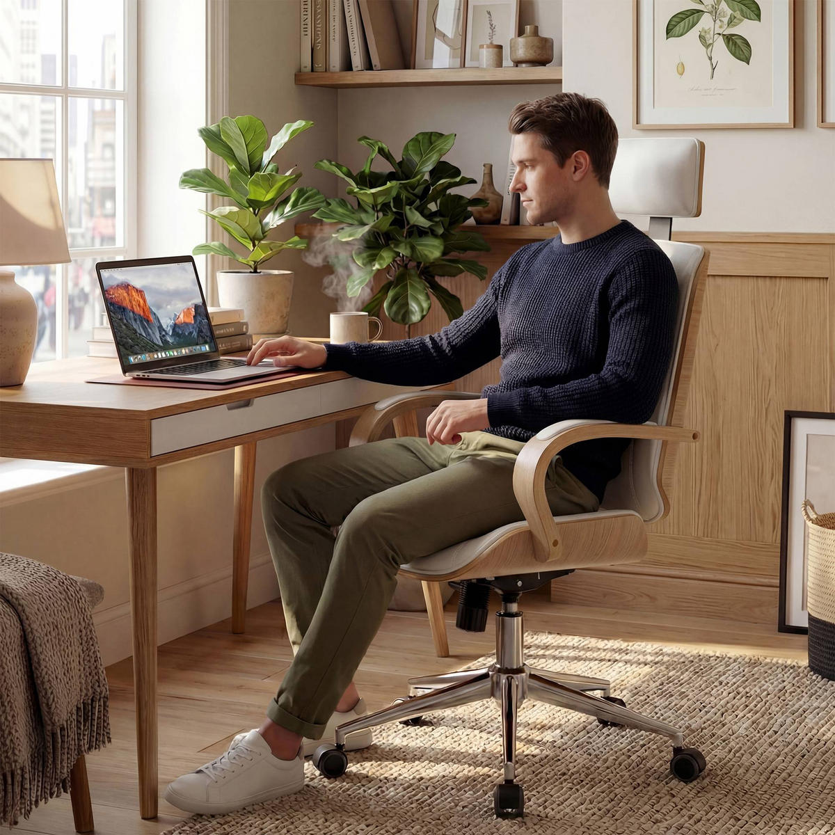 DREHSTUHL Lederlook Natura/Weiß - Chromfarben/Eukalyptusholzfarben, Textil/Metall (70/118/70cm) - CLP