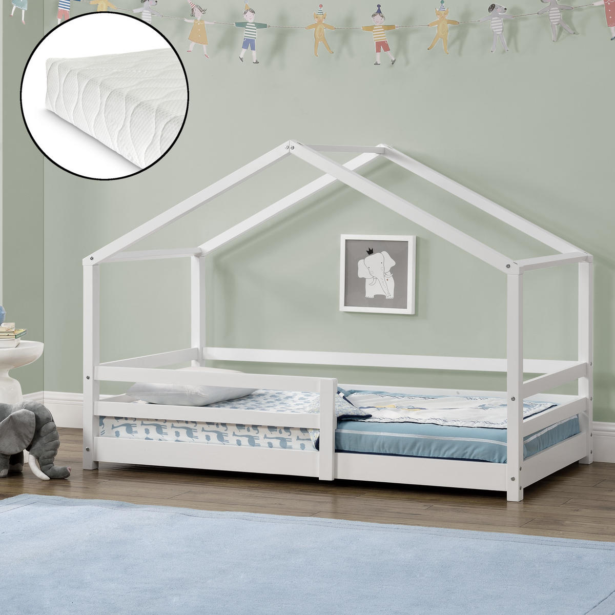 HAUSBETT Knätten mit Matratze - Weiß, Holz/Textil (90/200cm) - [en.casa]