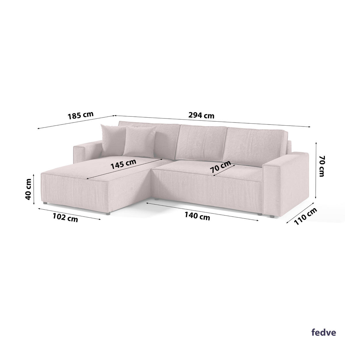 ECKSOFA Couch Sofagarnitur Sekwana L-form Rosa - Pink, Naturmaterialien (294/185cm) - Fedve