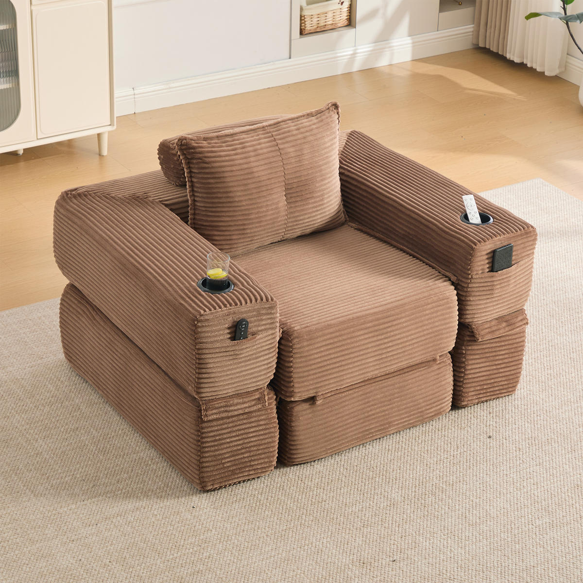 SCHLAFSOFA DE-33602 mit Federkern und Getränkehalter Braun - Braun, Textil (122/80/98cm) - ComfortXL