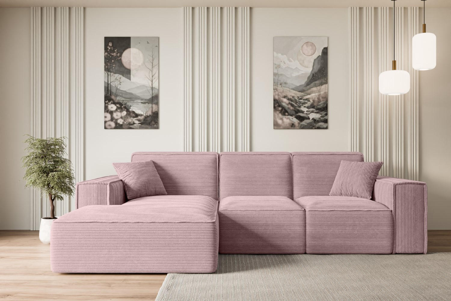 ECKSOFA Ottomane Links SERRA-L - 266x165x73 cm Rosa Cord - Schwarz/Rosa, Holzwerkstoff/Kunststoff (165/266cm) - ALTDECOR