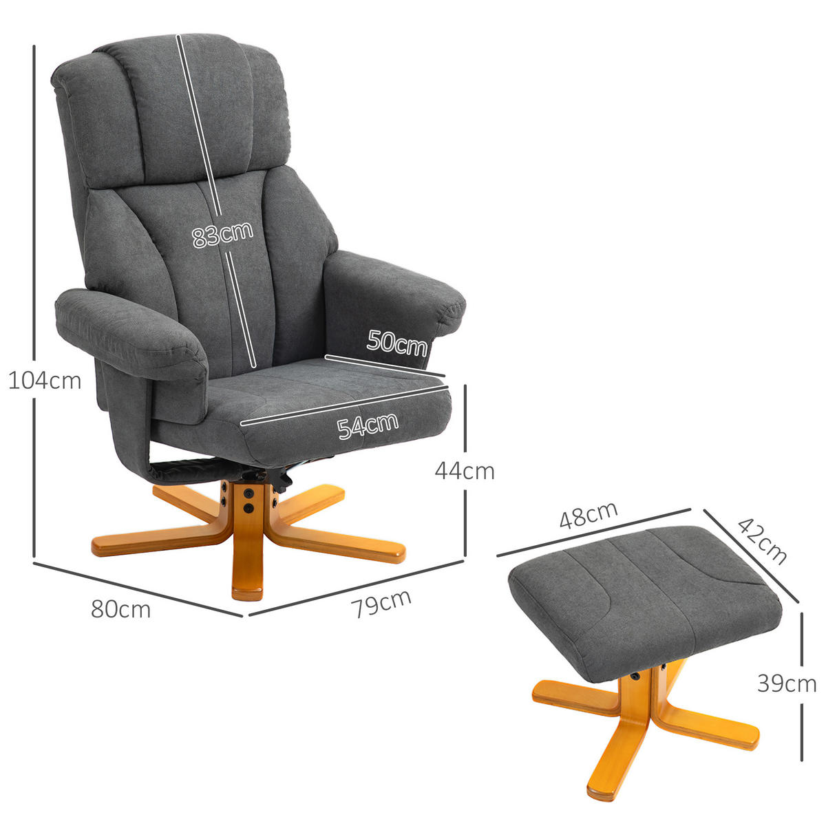 RELAXSESSEL mit Liegefunktion, Liegesessel mit Hocker, Fernsehsessel - Dunkelgrau, Textil (80/104/79cm) - HOMCOM
