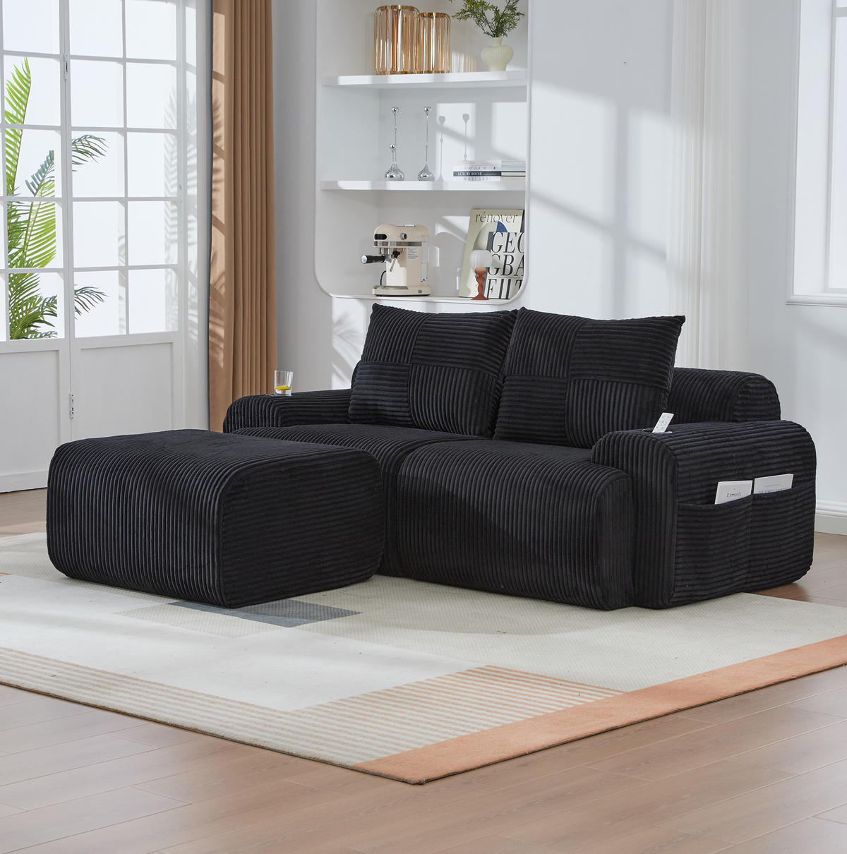 ECKSOFA 200/174/80 cm schwarz aus Cord mit Cupholder und Tasche - Schwarz, Textil (174/200cm) - OKWISH