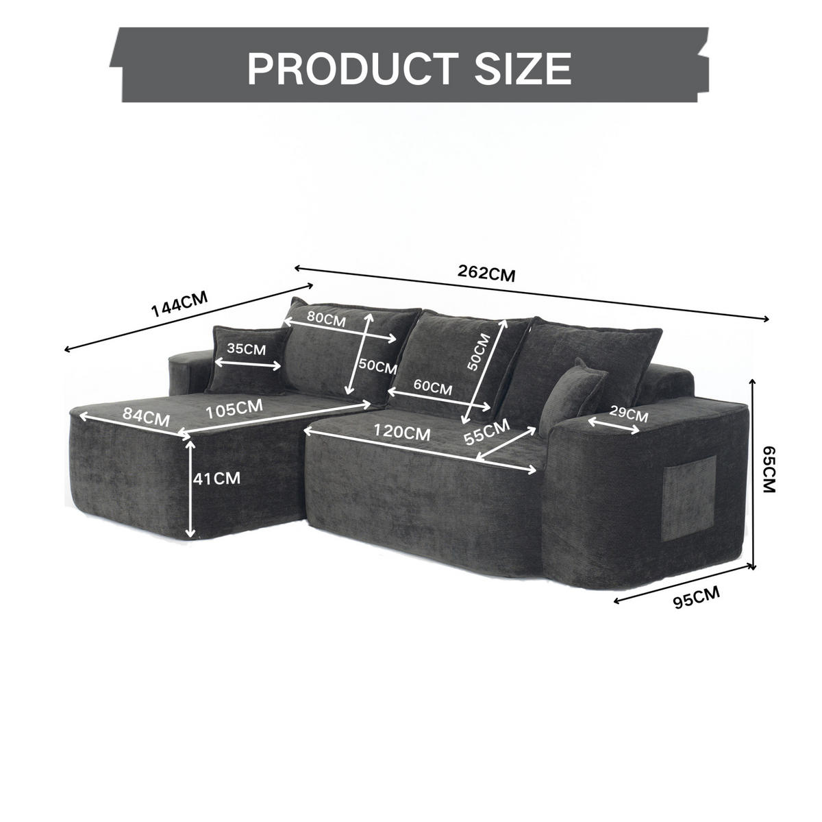 ECKSOFA 264 cm aus Chenille mit modularem L-Form-Design Schwarz - Schwarz, Textil (144/262cm) - Modenvie