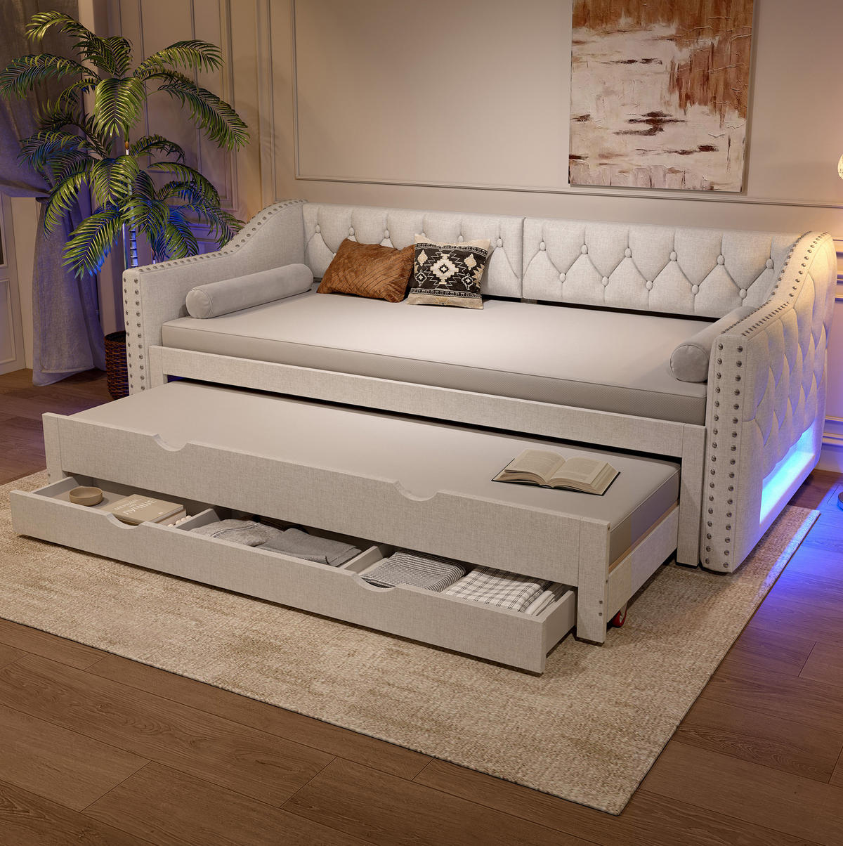 POLSTERBETT 90/200 cm Beige mit LED-Beleuchtung und 3 Schubladen - Beige, Textil (90/200cm) - Flora Grace