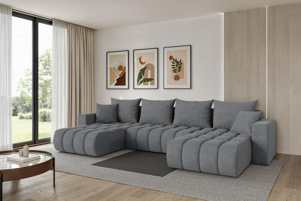 SEDACÍ SOUPRAVA DO U s funkcí spaní a úložným prostorem MILA-U-v1 378x194x86 šedá velur - černá/šedohnědá, kompozitní dřevo/textil (378/86/194cm) - ALTDECOR