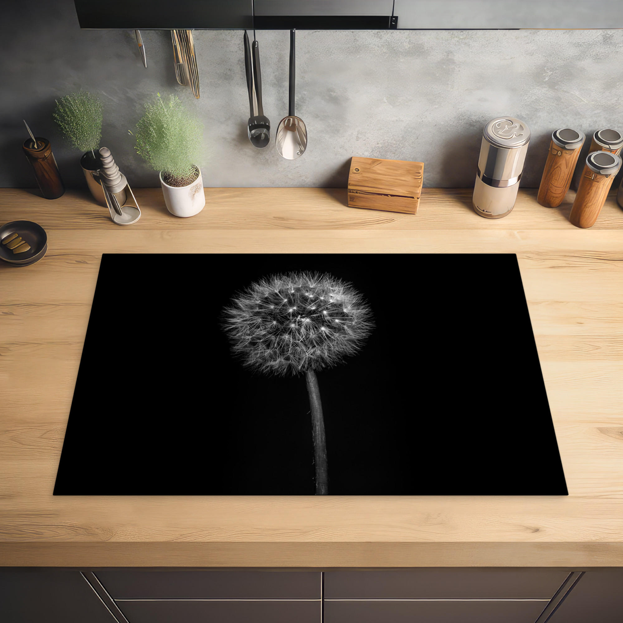 HERDABDECKPLATTE Löwenzahn - Schwarz - Floral - Botanisch 78x52 cm - Grau, Kunststoff (78/0.2/52cm) - MuchoWow