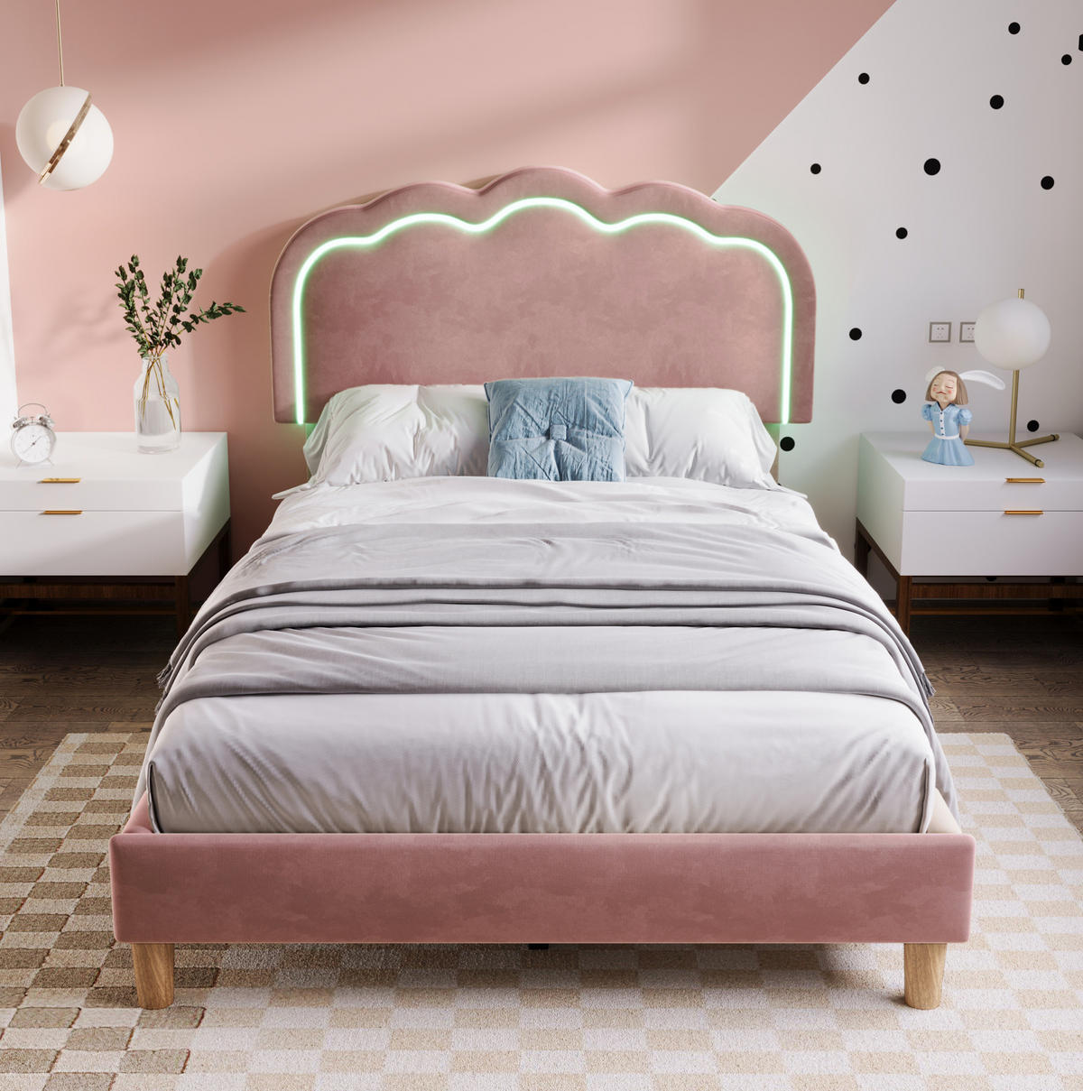 BETT mit LED-Kopfteil 90x200 cm Samt Pink - Pink, Metall (90/200cm) - Meubliv