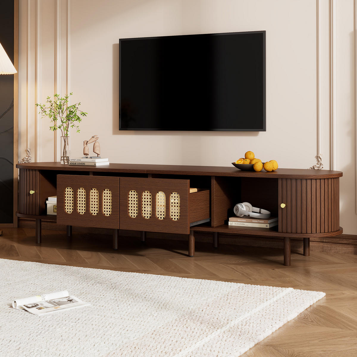 TV-SCHRANK 180/40/40 cm Nussbaum Rattan mit 2 Schubladen und 2 Rolltüren - Nussbaumfarben, Holzwerkstoff (180/40/40cm) - Oxeza