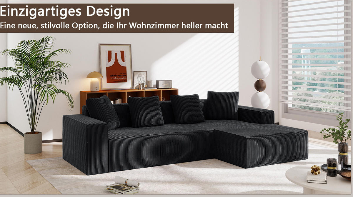 ECKSOFA 261/146/65 cm schwarz aus Cord mit Ottomane und Kissen - Schwarz, Textil (146/261cm) - OKWISH