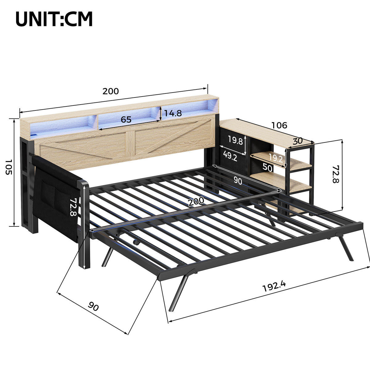 MULTIFUNKTIONSBETT 90/200 cm schwarz aus Metall mit Ausziehbett mit USB und LED - Schwarz, Holzwerkstoff (90/200cm) - OKWISH