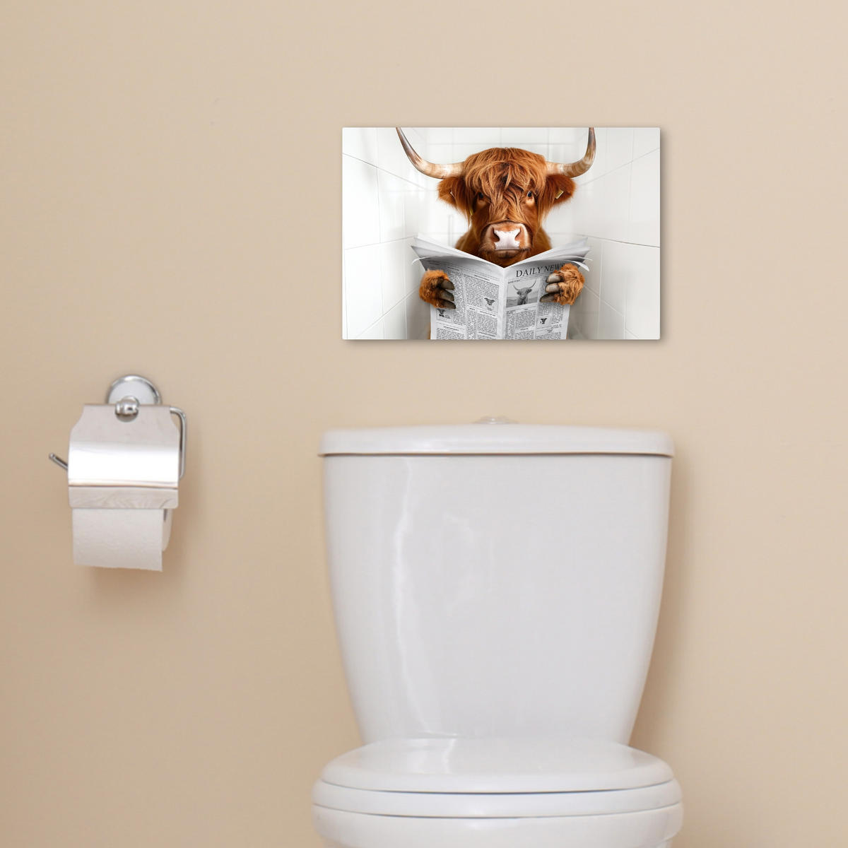 LEINWANDBILD Schottischer Highlander - Tier - Zeitung - Toilette 30x20 cm - Kastanienfarben, Textil (30/20cm) - MuchoWow