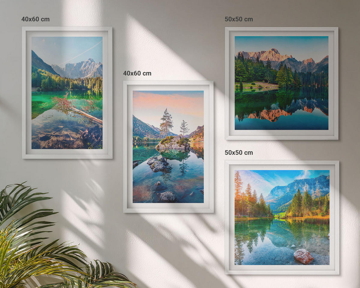 BILDER SET 4er Set - 50x50 cm & 40x60 cm Weißer Rahmen - Naturlandschaft der Bergseen - Weiß, Kunststoff (50/50cm) - TULUP
