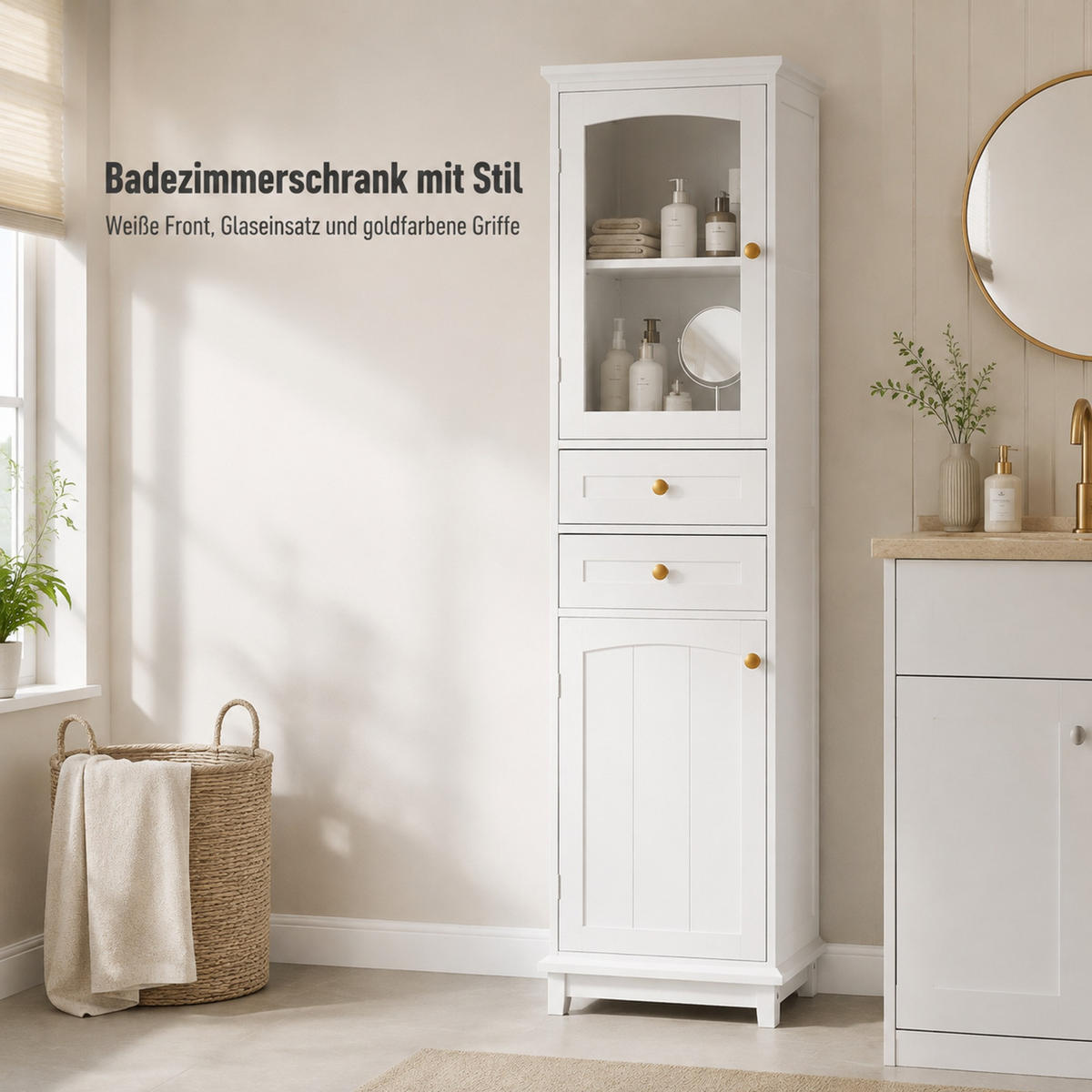 VITRINE 45/36/160 cm aus MDF und Glas mit 2 Schubladen und verstellbaren Einlegeböden Weiß - Weiß, Holzwerkstoff (45/160/36cm) - Modenvie