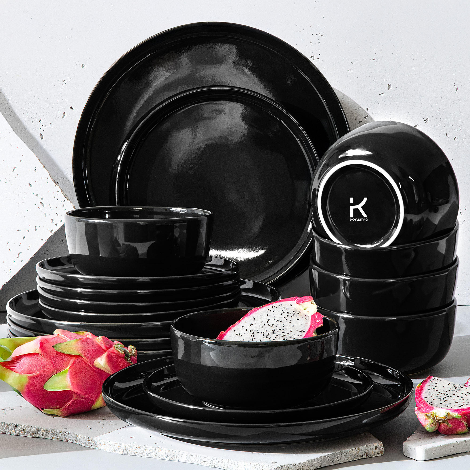 TAFELSERVICE VICTO Schüssel 6 Personen 18-tlg - Schwarz Hochglanz, Keramik (27/2/27cm) - KONSIMO®
