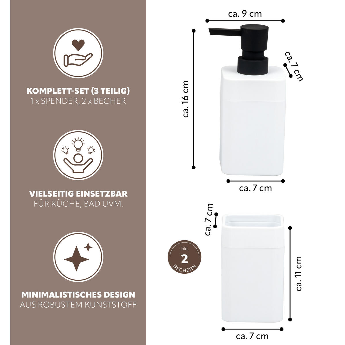 BADEZIMMER-SET SAVONA, Soft-Touch, weiß, eckig - Weiß, Kunststoff (7/16/9cm) - bremermann