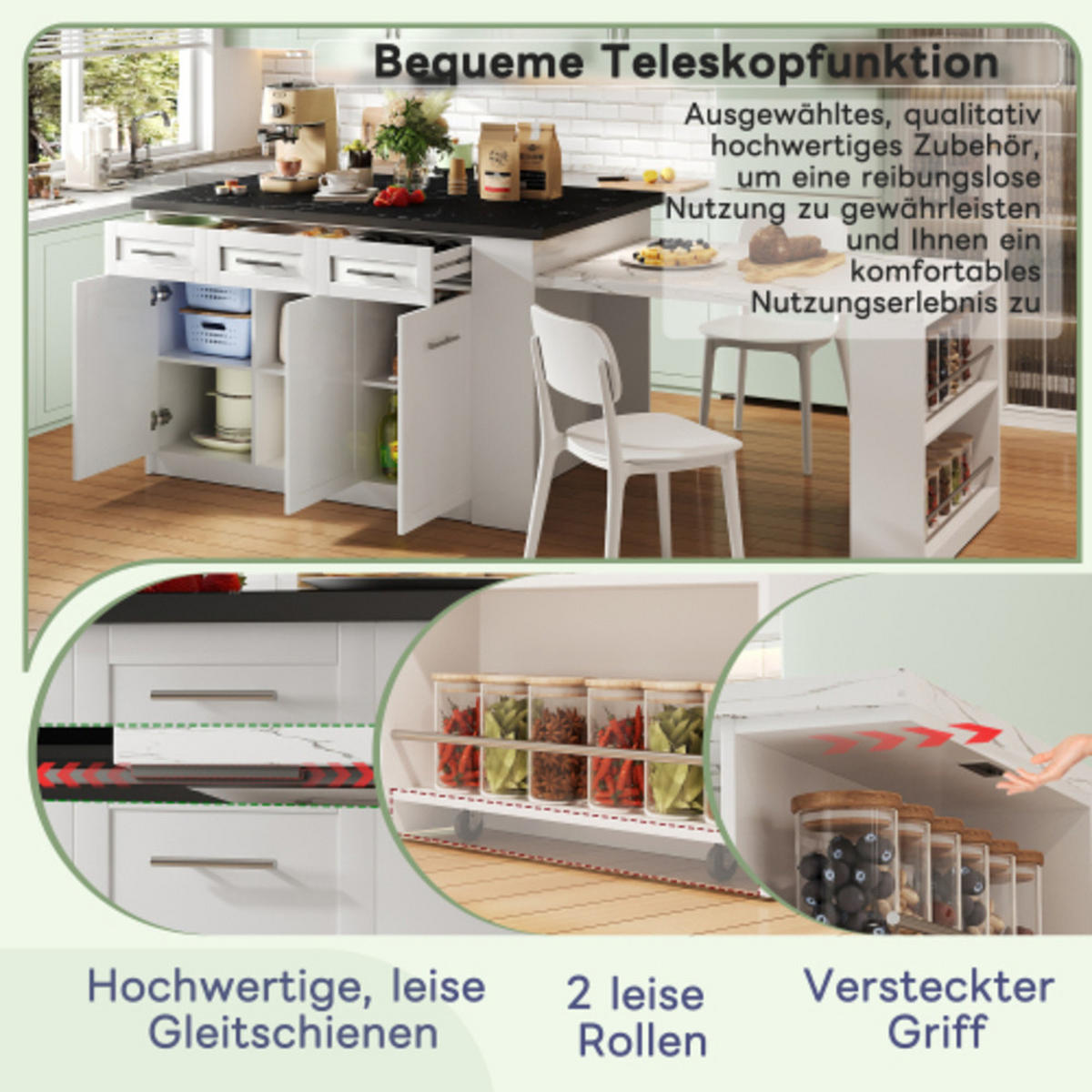 KÜCHENINSEL Weiß aus MDF mit integriertem ausziehbarem Esstisch 150 × 90 × 90 cm - Weiß, Holzwerkstoff (150/90/90cm) - Luhomfu