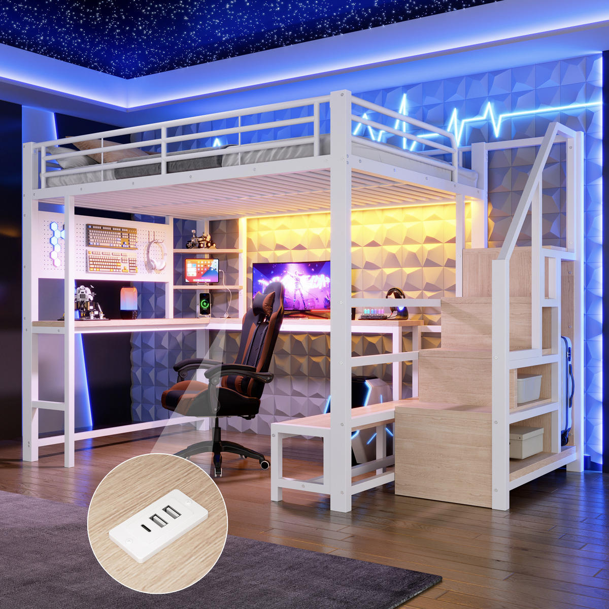 HOCHBETT 140/200 cm Weiß mit Schreibtisch, trapezförmiger Schrank und LED-Beleuchtung - Weiß, Metall (140/200cm) - Oxeza