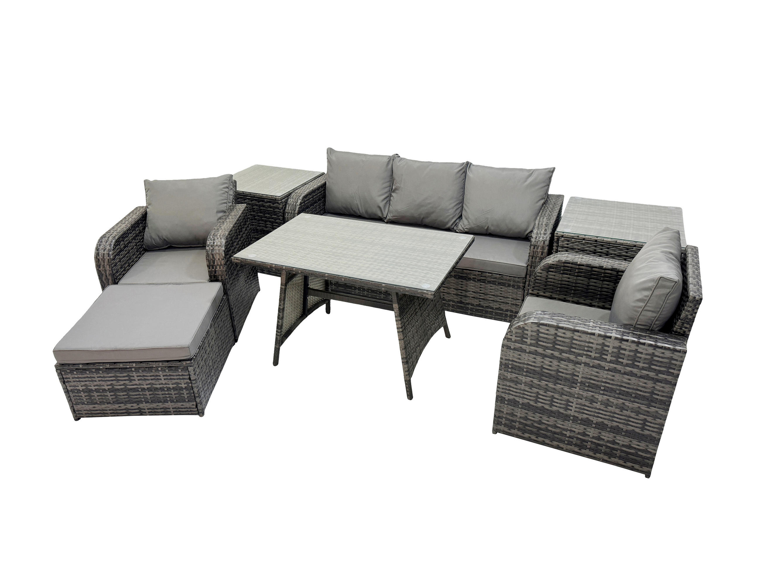 GARTENMÖBEL SET mit COUCHTISCH Polyrattan Dunkelgrau 6-Sitzer - Dunkelgrau/Grau, Glas/Kunststoff - Fimous