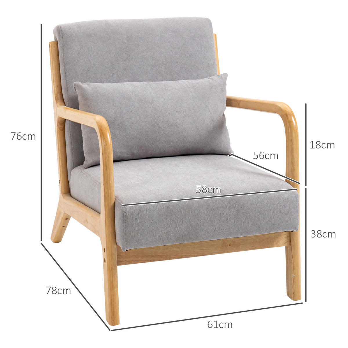 SESSEL mit Armlehne, Lendenkissen, Grau - Grau, Textil (78/76/61cm) - HOMCOM