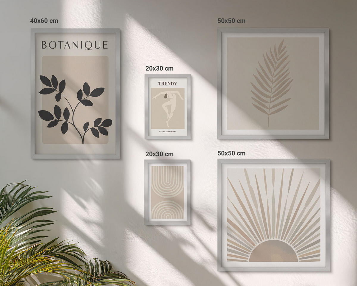 BILDER SET 5er Set - 50x50 cm & 20x30 cm & 40x60 cm Silberner Rahmen - Abstrakte Poster im Boho-Stil in Pastellfarben - Silberfarben, Kunststoff (40/60cm) - TULUP