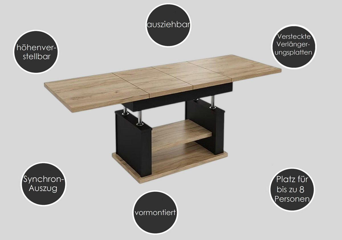 COUCHTISCH rechteckig Erle - Schwarz ausziehbar höhenverstellbar - Erlefarben/Schwarz, Holzwerkstoff (70/120/60cm) - designimpex