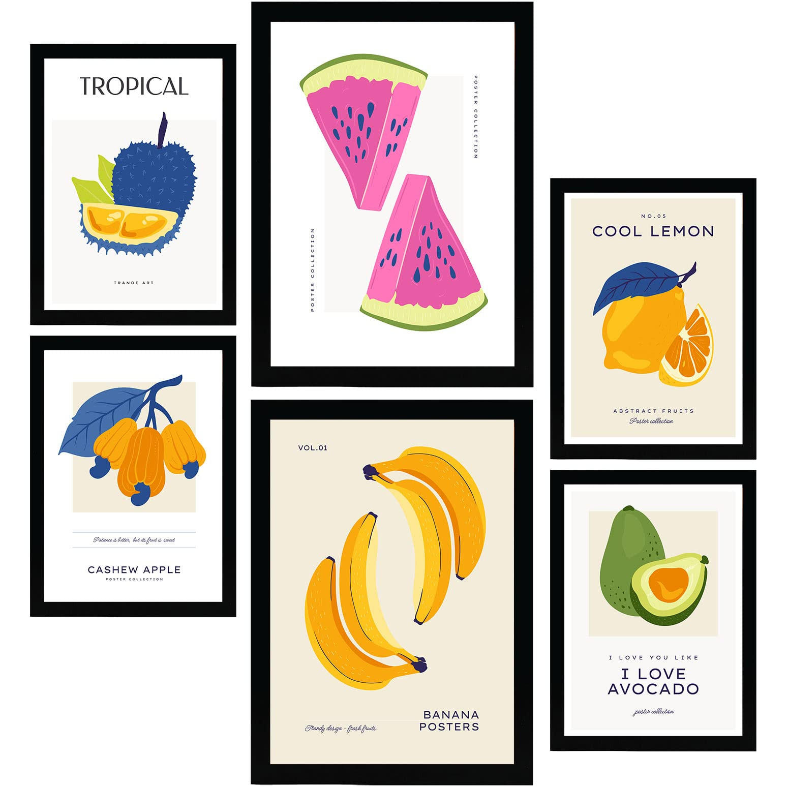 POSTER Set Mit 6 Lebensmittel Und Ernährungs Bunte Früchte Natur Und Ernährungs Für Innenarchitektur A3 & A4 Schwarzer Rahmen - Schwarz, Papier (29/3cm) - Nacnic