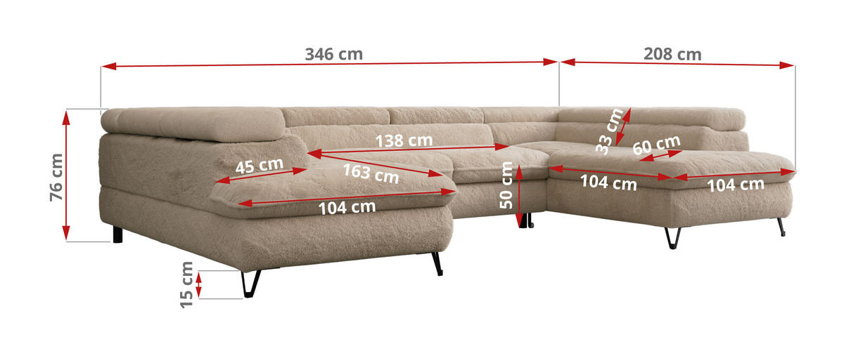 WOHNLANDSCHAFT PETER U Plüsch Beige - Beige/Schwarz, Textil/Metall (346/76/208cm) - MKS