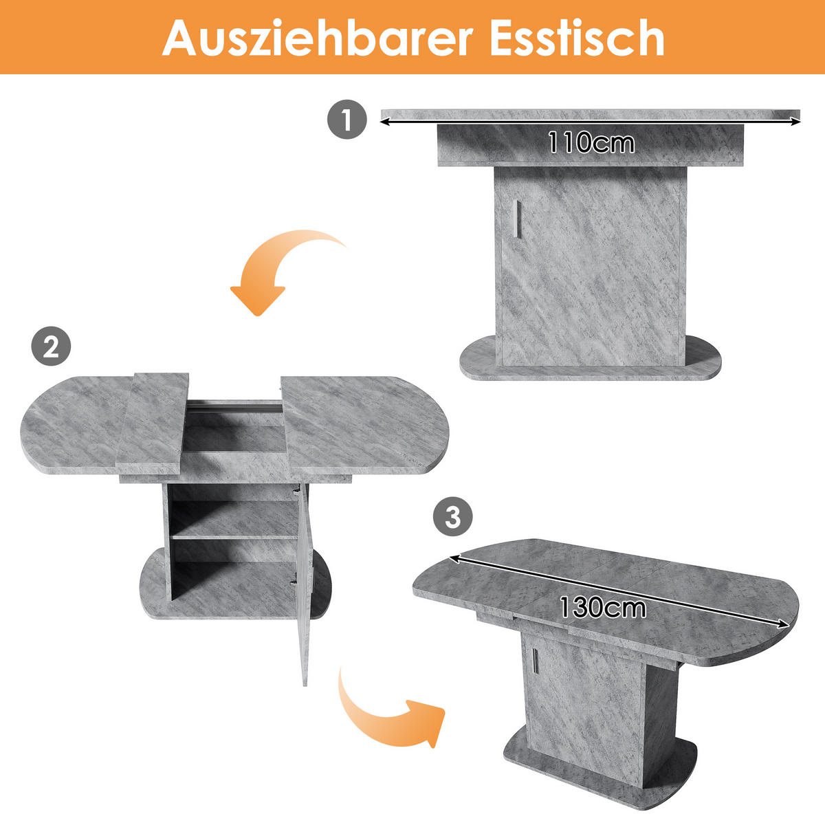 ESSTISCH Betonoptik ausziehbar 110-130cm Stauraum 70cm - Grau, Holzwerkstoff (130/75.5/70cm) - FLIEKS