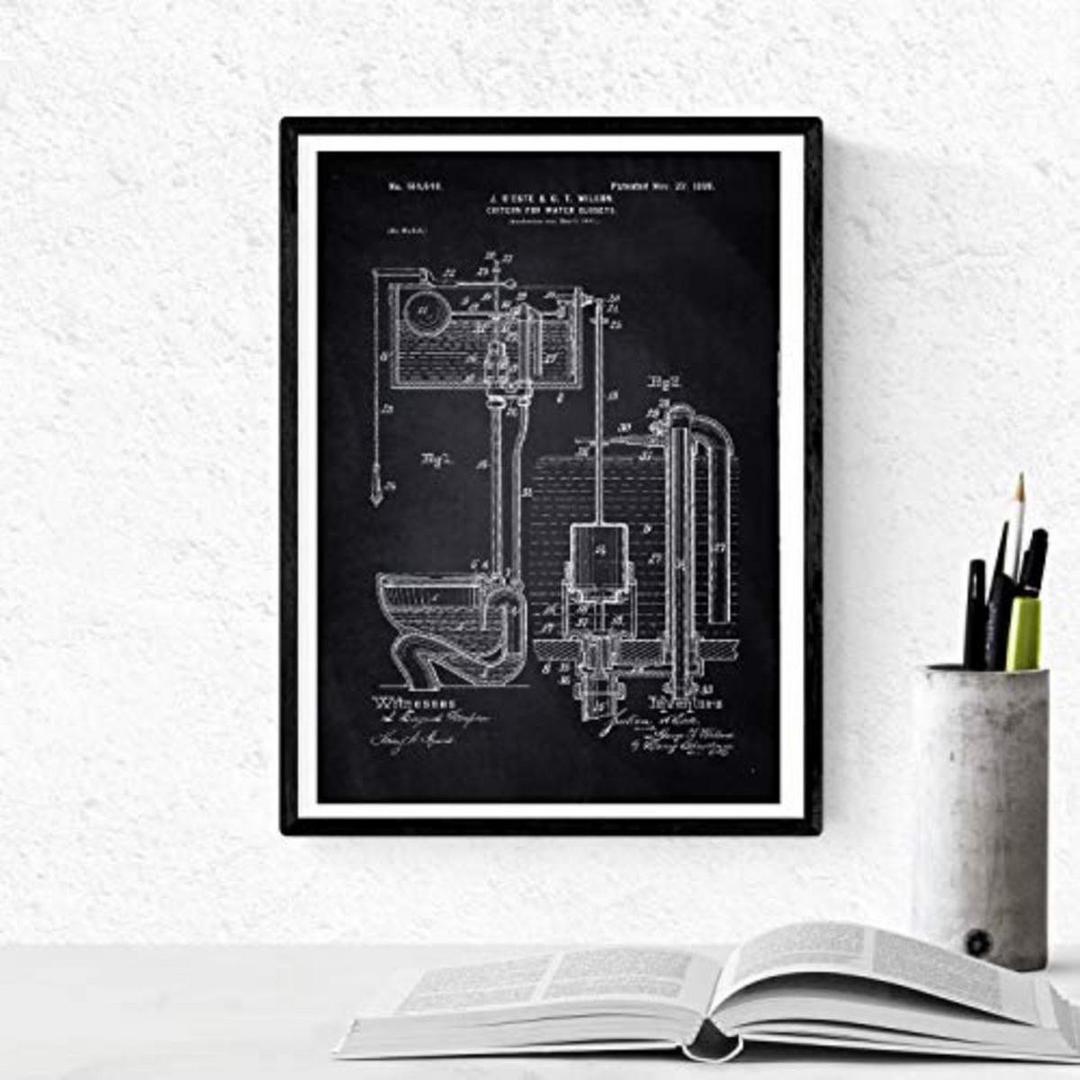 POSTER Set mit 4 Schwarz Badezimmer Patent A4 Schwarzer Rahmen - Schwarz, Papier (29.7/3cm) - Nacnic