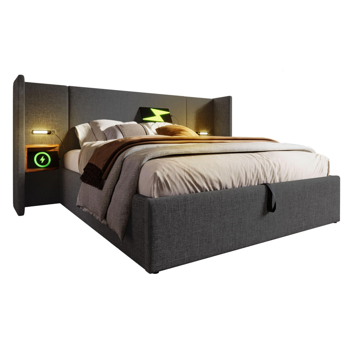 POLSTERBETT 180/200 cm Grau mit Stauraum und Leselampe mit USB-Anschlüssen - Grau, Textil (180/200cm) - OKWISH