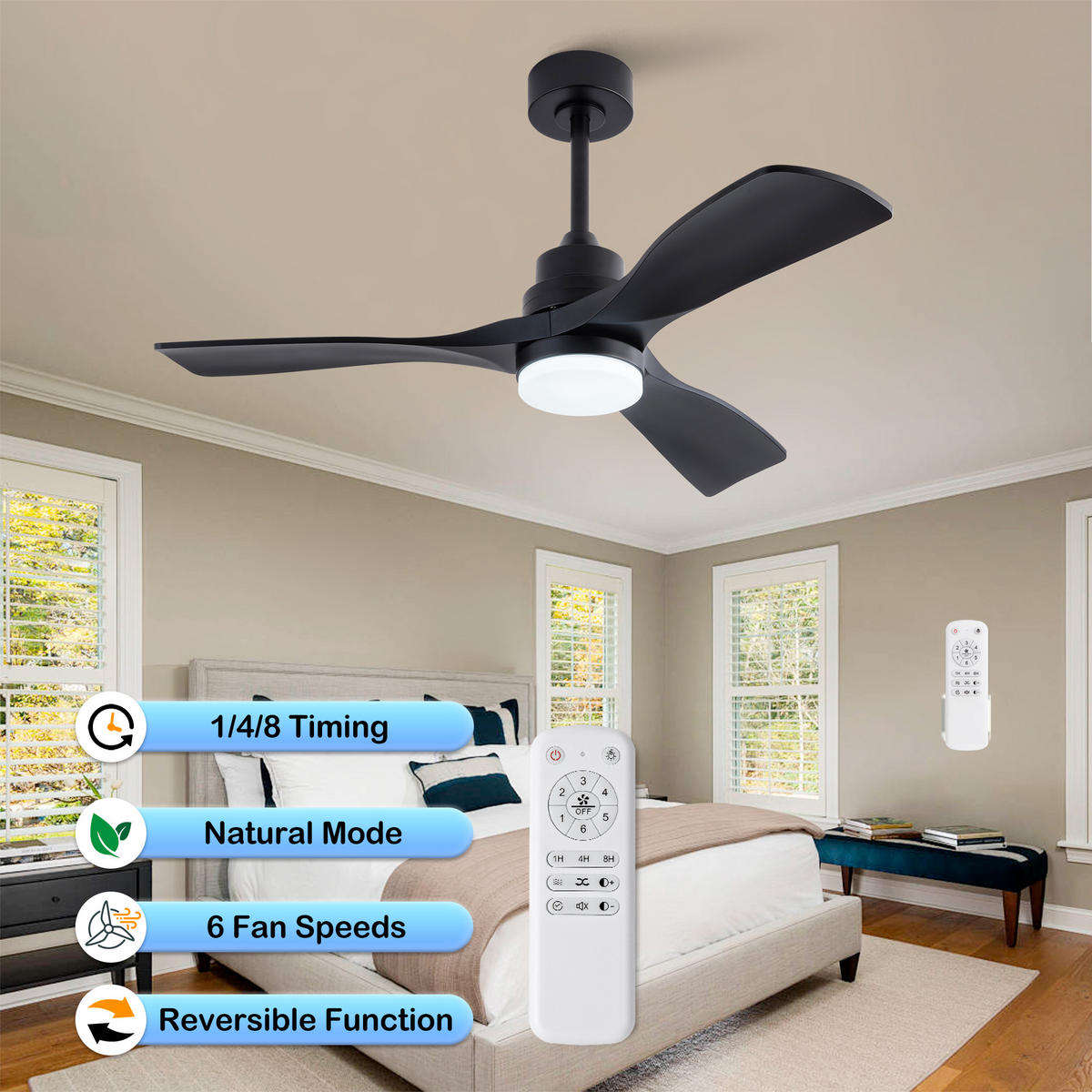DECKENVENTILATOR 42Zoll Schwarz LED Licht 3 Flügel DC Motor - Schwarz, Kunststoff (107/107/40cm) - CASIVA