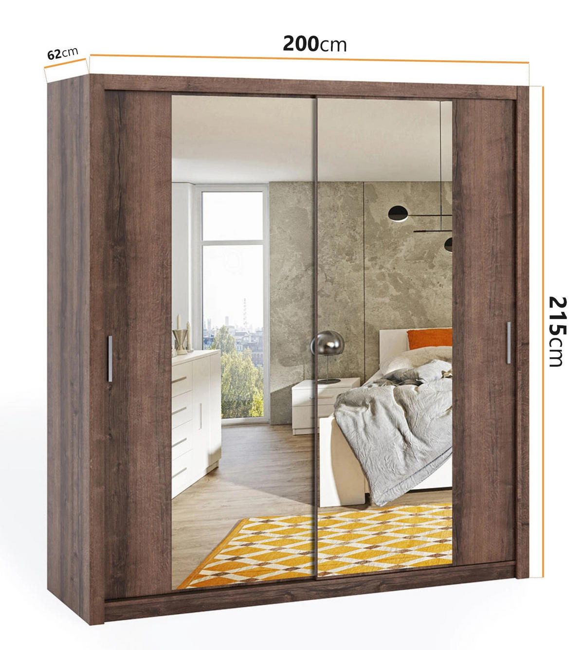 SCHIEBETÜRENSCHRANK Tamiza 200/215/62 mit Spiegel - Silberfarben/Braun, Holzwerkstoff/Kunststoff (200/215/62cm) - Ravio