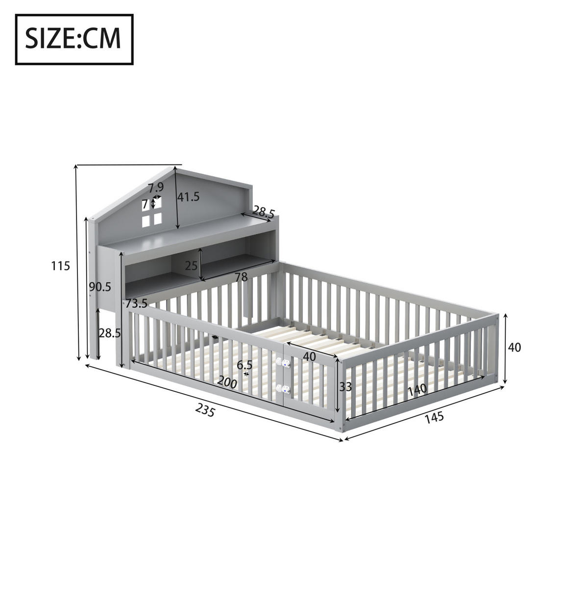 KINDERBETT 140/200 cm Grau aus Massivholz mit Hausrahmen und Stauraum - Grau, Holz (140/200cm) - OKMYHOME