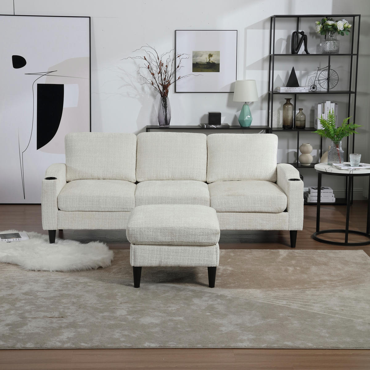 ECKSOFA 163/121/66 cm Beige mit 1 Aufbewahrungshocker, Aufbewahrungstasche und Getränkehalter - Beige, Textil (196.5/75cm) - Oxeza