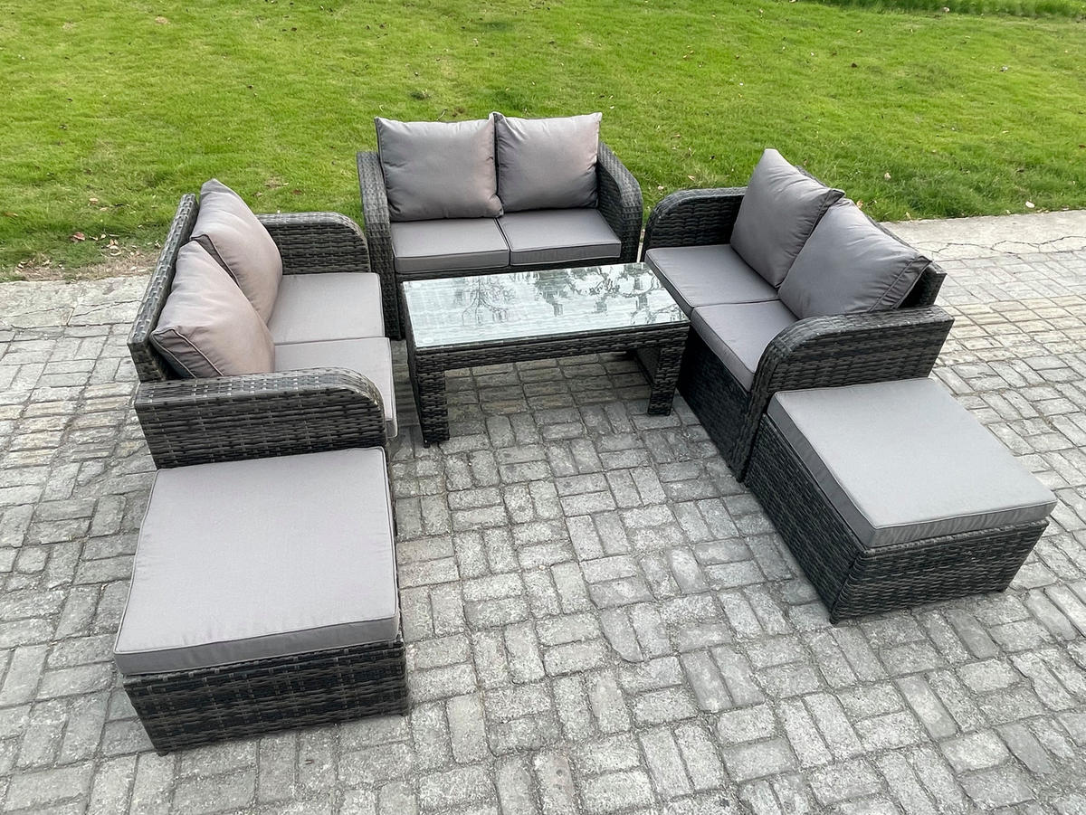GARTENMÖBEL SET mit Sofa Polyrattan 8-Sitzer Dunkelgrau - Dunkelgrau/Grau, Glas/Kunststoff - Fimous
