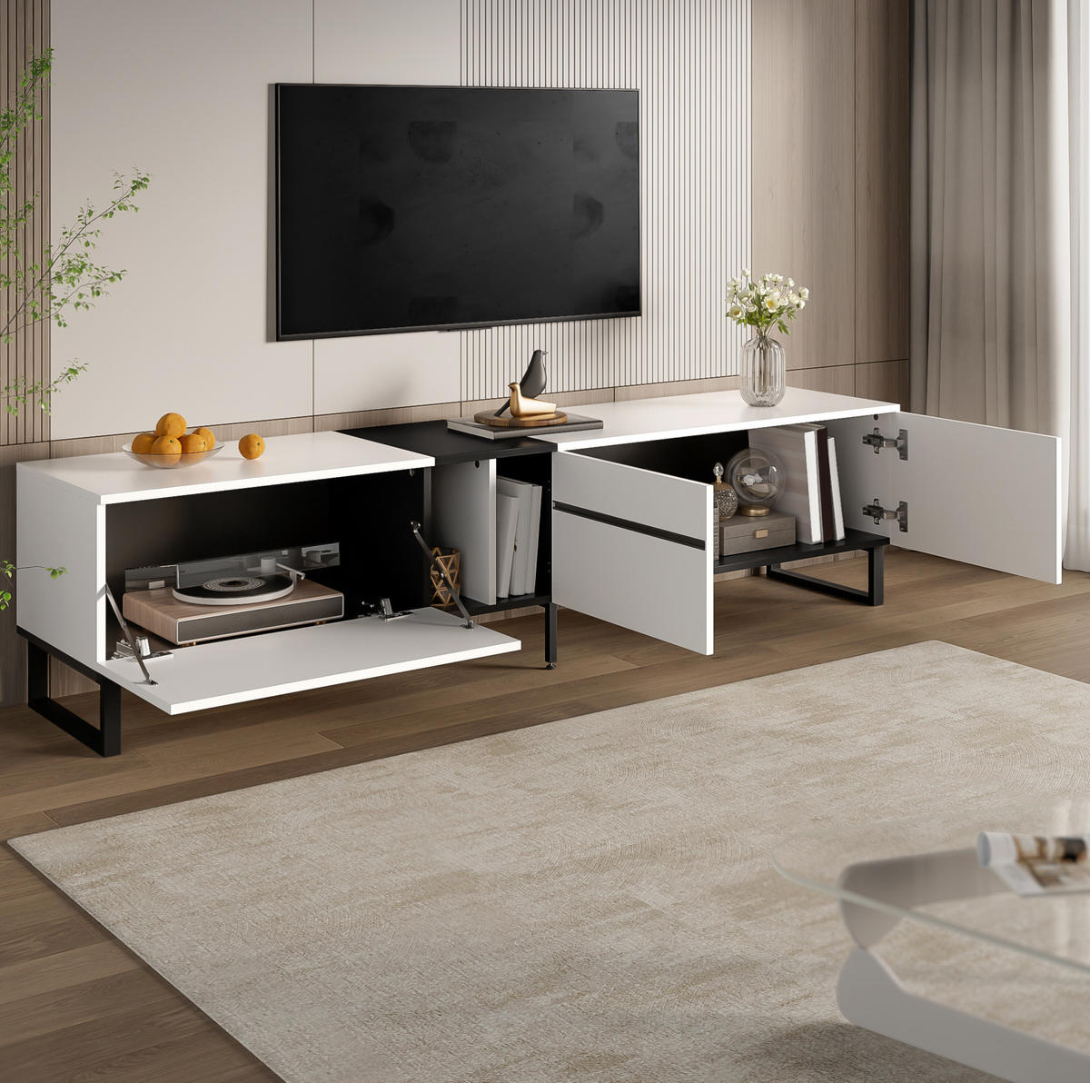 TV-LOWBOARD aus Spanplatte 180x38x45 cm Weiß mit Klappfach, offenen Fächern und Türen - Weiß, Holzwerkstoff (180/45/38cm) - IVMEU