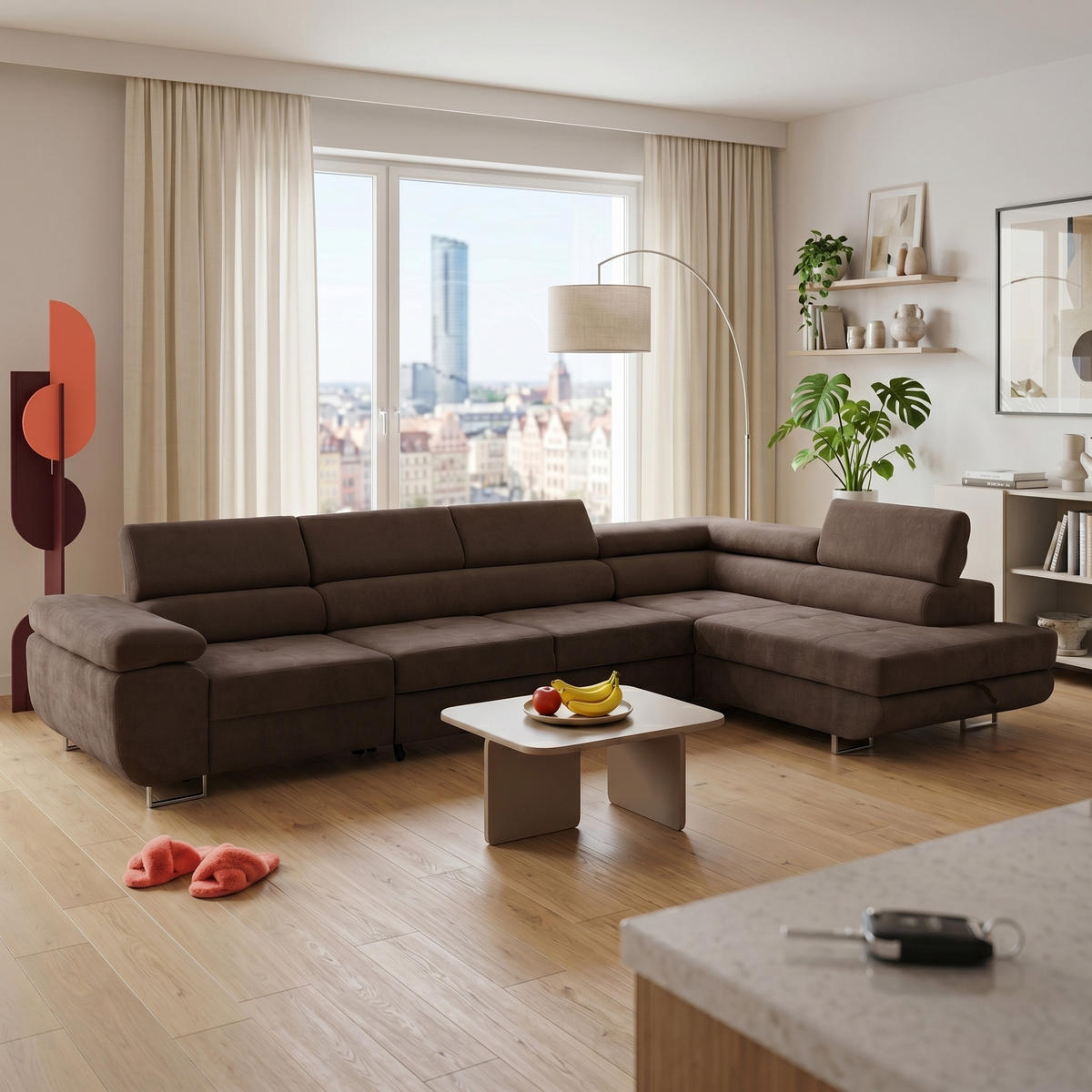ECKSOFA WILD MAXI L Rechts mit Schlaffunktion 125x195 Chenille Dunkelbraun - Chromfarben/Dunkelbraun, Holz/Textil (350/203cm) - Muffo