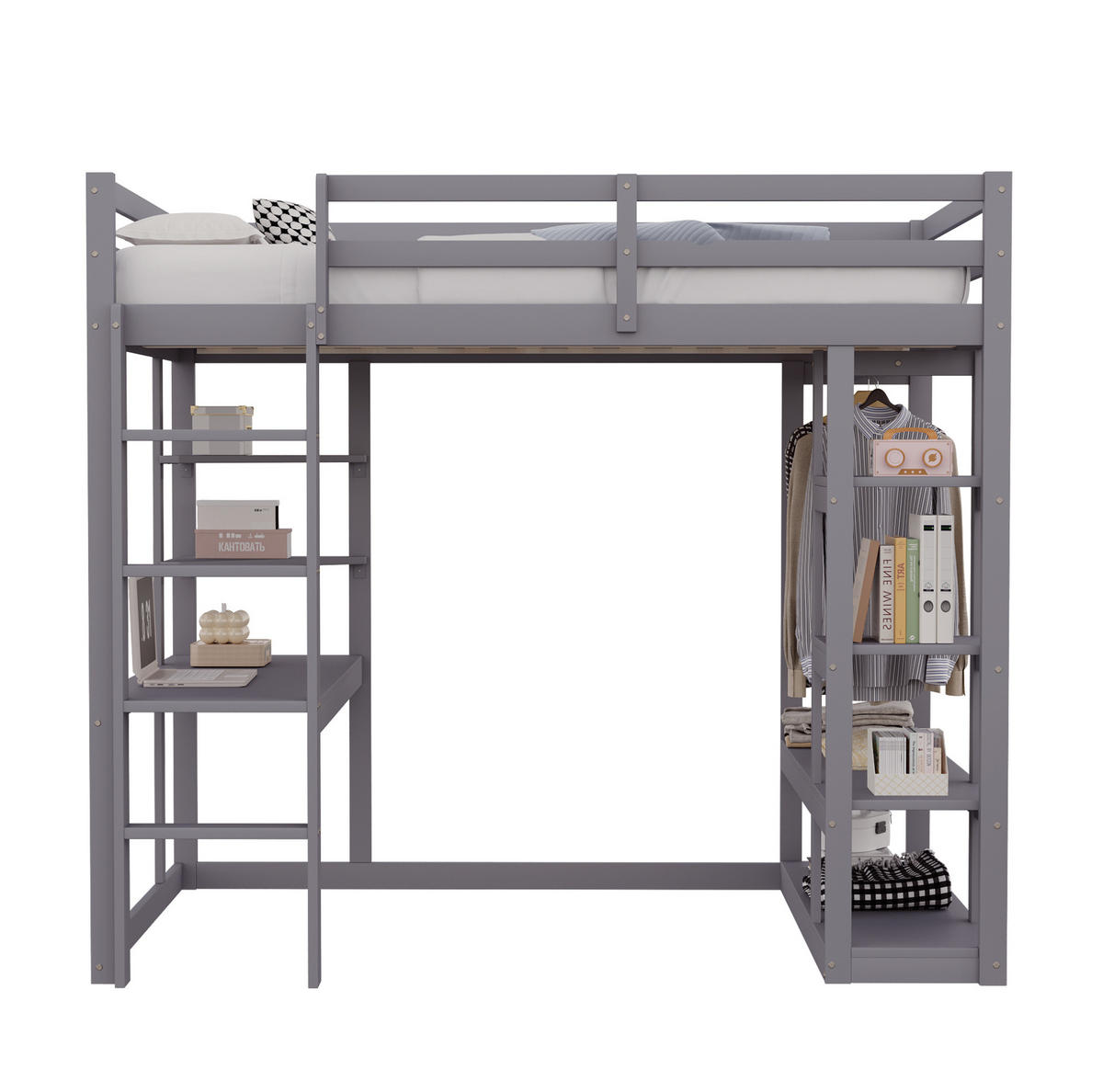 HOCHBETT 140/200 cm Grau mit Tisch und Regalen aus Massivholz mit Matratze - Grau, Holzwerkstoff (140/200cm) - OKWISH