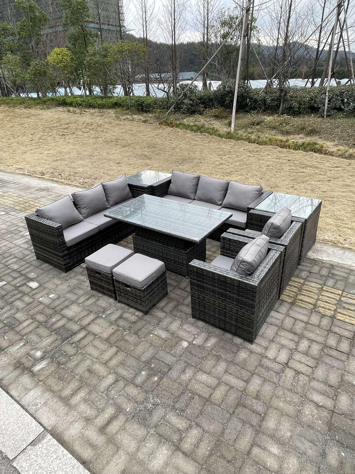 GARTENTISCHGRUPPE Polyrattan 10-Sitzer - Dunkelgrau/Grau, Glas/Kunststoff - Fimous